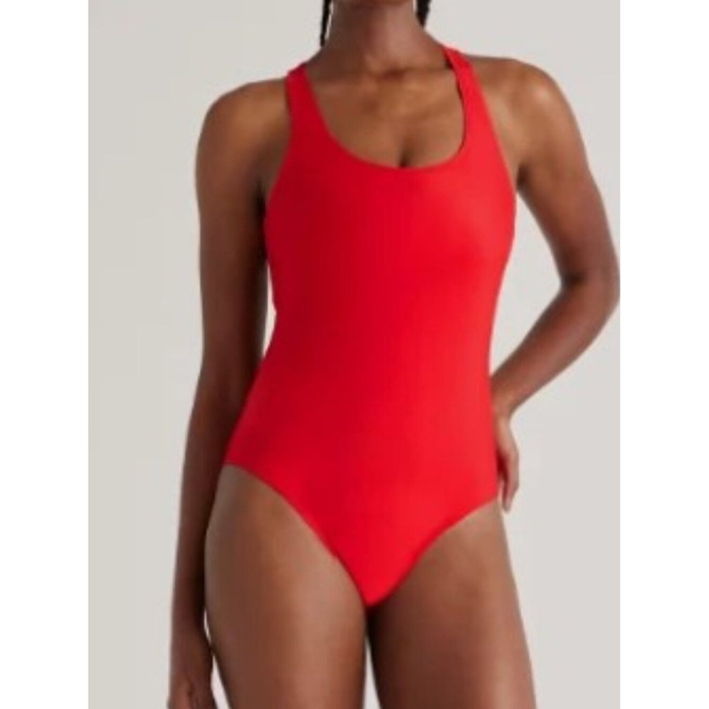 New QUINCE Small Italian Cross-Back One-Piece Swimsuit Cherry Red Beach Vacation